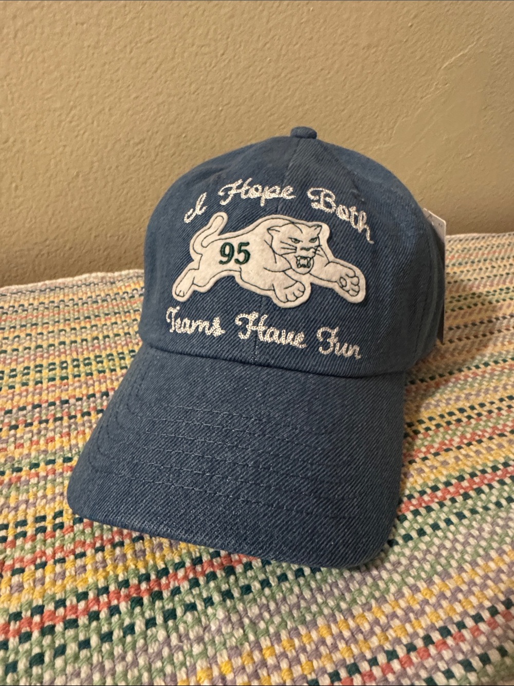 Anthropologie Blue Denim Baseball Cap with White Embroidery